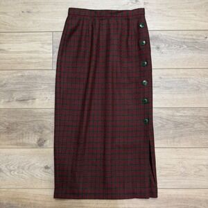 Charter Club Vintage Wool Houndstooth Pencil Skirt Red Green Side Button Midi 10
